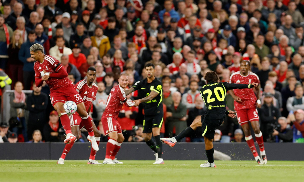 Liverpool, UK. 9th Sep, 2026. Ronald Araujo of Liverpool blocks a shot by Giuliano Simeone of Atletico Madrid during the Liverpool vs Atletico Madrid UEFA Champions League match at Anfield, Liverpool. Picture credit should read: Cody Froggatt/Sportimage C