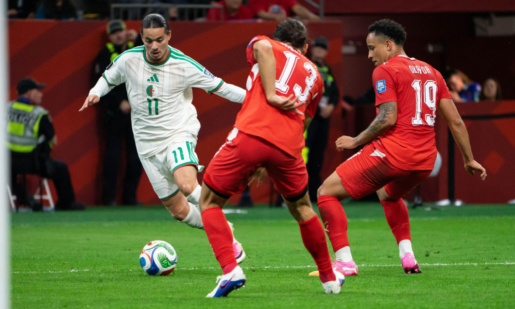 Vancouver, Canada. 02nd July, 2026. VANCOUVER, CANADA - JULY 2: Anis Hadj Moussa of Algeria controls the ball while Ricardo Rodriguez of Switzerland and Noah Okafor of Switzerland follows closely during the FIFA World Cup 2026 Round of 32 match between Sw
