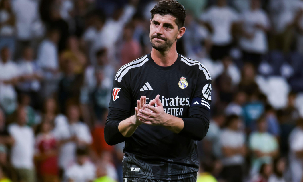 September 12, 2026, Estadio Santiago Bernabeu, Madrid, Spain: Thibaut Courtois of Real Madrid celebrates the victory during La Liga EA Sports match between Real Madrid and Rayo Vallecano at Estadio Santiago Bernabeu on September 12, 2026 in Madrid, Spain.
