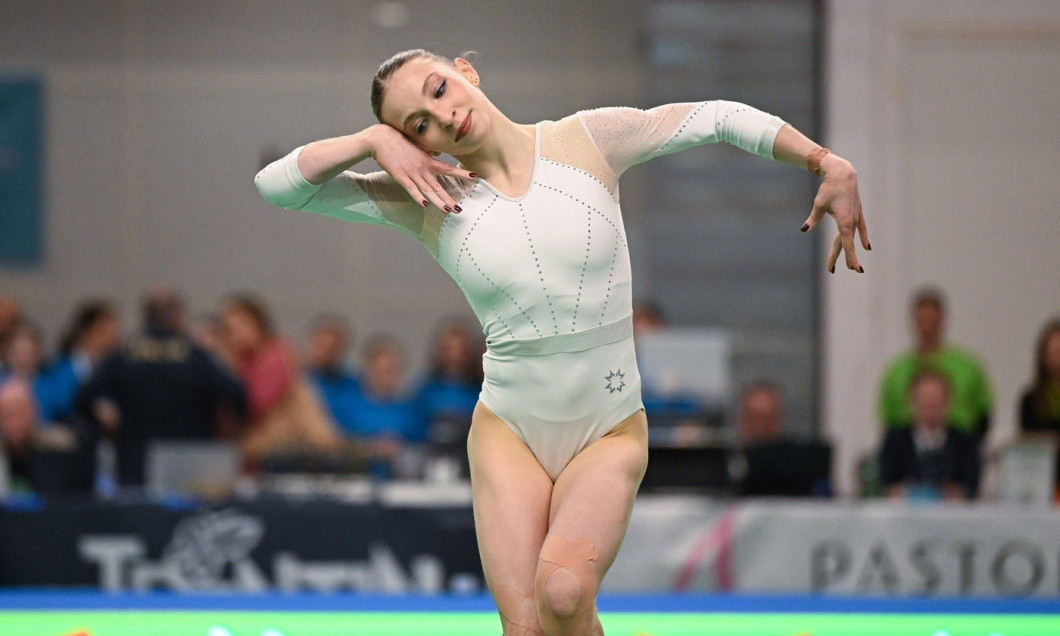 Jesolo, Italy. 13th Apr, 2025. ANA MARIA BARBOSU (ROU) floor during Trophy Artistic Gymnastics, Gymnastics in Jesolo, Italy, April 13 2025 Credit: Independent Photo Agency/Alamy Live News