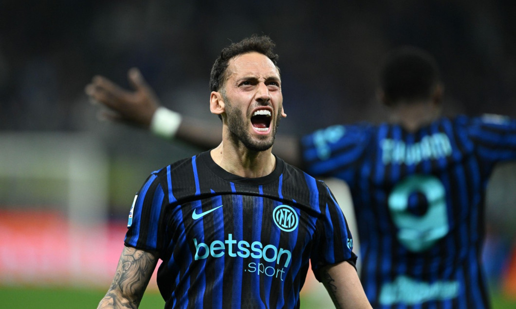 Milan, Italy. 05th Apr, 2026. Hakan Çalhanoglu of Fc Inter celebrating after a goal during the Italian Serie A football match between Inter FC Internazionale and AS Roma on 5 of Avril 2026 at Giuseppe Meazza San Siro Siro stadium in Milan, Italy. Photo Ti