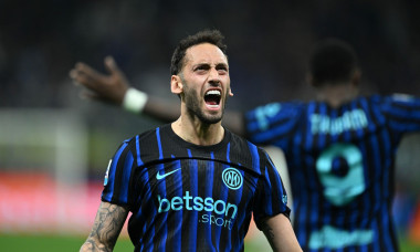 Milan, Italy. 05th Apr, 2026. Hakan Çalhanoglu of Fc Inter celebrating after a goal during the Italian Serie A football match between Inter FC Internazionale and AS Roma on 5 of Avril 2026 at Giuseppe Meazza San Siro Siro stadium in Milan, Italy. Photo Ti