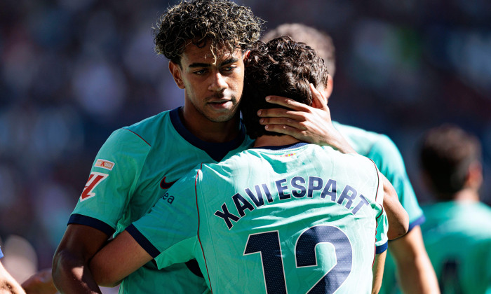 Valencia, Spain. 13th Sep, 2026. Xavi Espart and Lamine Yamal (FC Barcelona) seen in action celebrating after scoring goal during LaLiga EA SPORTS 2026/2027 game between teams of UD Levante and FC Barcelona. Credit: SOPA Images Limited/Alamy Live News