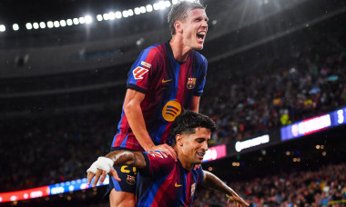 Barcelona, Espagne. 17th Sep, 2026. Joao CANCELO of Barcelona celebrate his goal with Dani OLMO of Barcelona during the Spanish championship LaLiga football match between FC Barcelona and Racing Santander on 16 September 2026 at Camp Nou stadium in Barcel