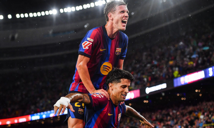 Barcelona, Espagne. 17th Sep, 2026. Joao CANCELO of Barcelona celebrate his goal with Dani OLMO of Barcelona during the Spanish championship LaLiga football match between FC Barcelona and Racing Santander on 16 September 2026 at Camp Nou stadium in Barcel