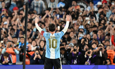 Argentina’s forward Lionel Messi celebrates after scroing a goal by penalty kick during a international friendly football match between Argentina and Benin at Monumental stadium in Buenos Aires on October 6, 2026. Messi played his last match wearing the