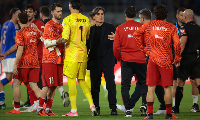 5th October 2026, Stadio Renato Dall’Ara, Bologna Italy, Italy v Turkey, UEFA Nations League, League A, Group A1, Season 2026-2027. Vincenzo Montella, Head Coach of Turkey salutes his players following the match.
