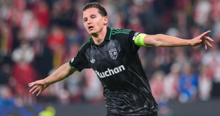 Florian Thauvin seen celebrating goal during UEFA Champions League 2026/27 League Phase MD1 match between teams of SK Slavia Praha and RC Lens in Prag
