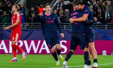 Stavanger 20261013. Vikings Herman Haugen celebrates after the 3-3 goal during the Champions League football match between Viking and Bayern Munich at Lyse Arena in Stavanger. Photo: Lise Åserud / NTB This text is auto translated