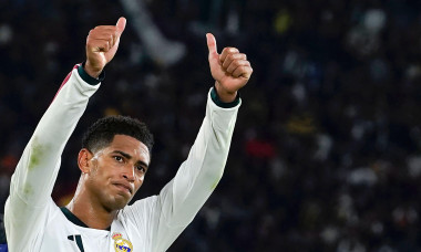 Jude Bellingham of Real Madrid greets the fans at the end of the UEFA Champions League 2026/2027 football match between AS Roma and Real Madrid at Stadio Olimpico in Rome (Italy), October 14, 2026.