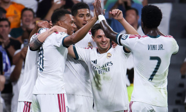 September 8, 2026, Estadio Santiago Bernabeu, Madrid, Spain: Federico Valverde of Real Madrid celebrates his goal with Kylian Mbappe, Jude Bellingham, Brahim Diaz and Vinicius Junior during UEFA Champions League 2026 27 football match between Real Madrid