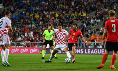 Rijelka, Croatia. 03rd Oct, 2026. RIJEKA, CROATIA - OCTOBER 03: Mario Pasalic of Croatia (CL) in action against Alex Scott of England (CR) during the UEFA Nations League, League A Group A3, match between Croatia and England at Stadion Rujevica, Rijeka on