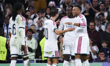 Spain: October 21, 2026, Santiago Bernabeu stadium, Madrid, Spain: Yan Diomande of Real Madrid celebrates his goal with Kylian