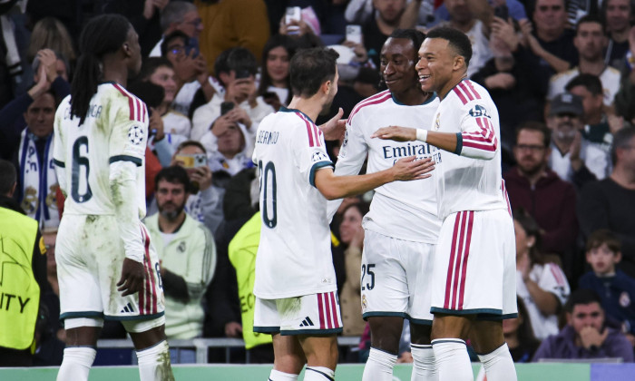 Spain: October 21, 2026, Santiago Bernabeu stadium, Madrid, Spain: Yan Diomande of Real Madrid celebrates his goal with Kylian