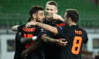 Brandon Williams, Bruno Fernandes și Juan Mata după victoria obținută de United cu Lask Linz în Europa League / Foto: Getty Images