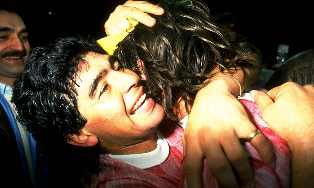 Diego Maradona of Napoli celebrates after the UEFA Cup Semi-Final Second Leg match