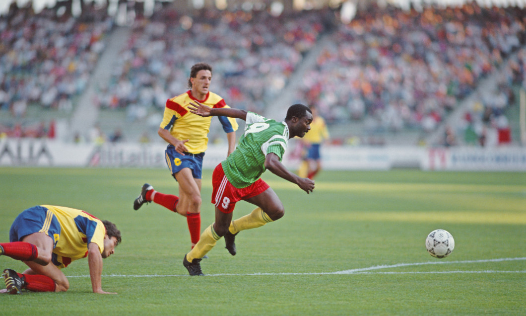 Roger Milla scores Cameroon v Romania 1990 FIFA World Cup