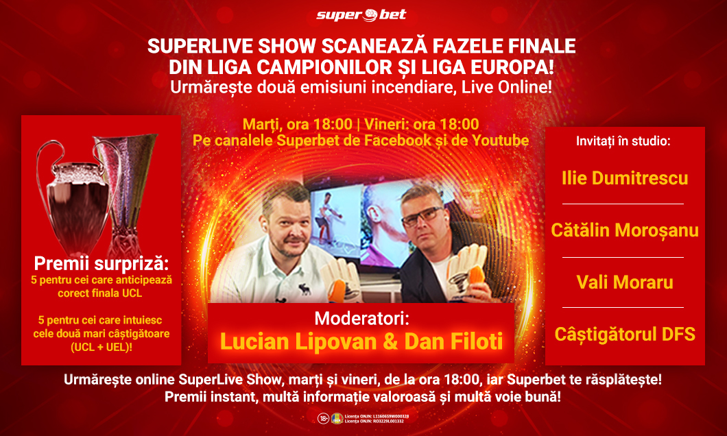 (P) SuperLive Show, emisiune la dublu. Marți disecăm finala Ligii. Vineri ghicim câștigătoarele turneelor din Germania și Portugalia!