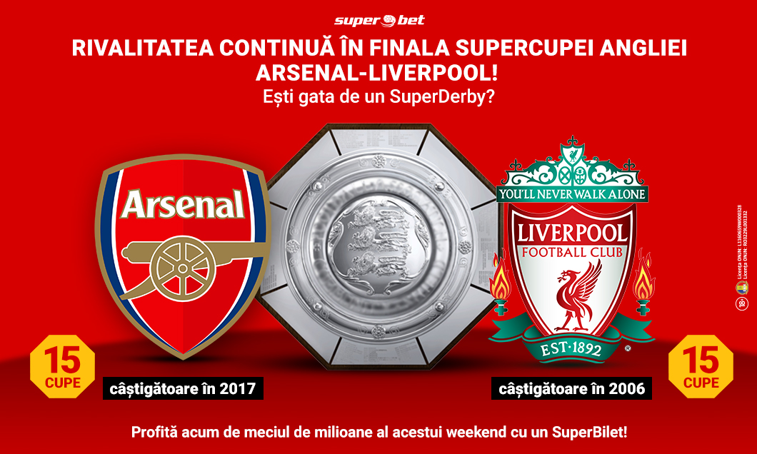 (P) SuperCupa Angliei îți oferă un duel legendar: Arsenal-Liverpool! Ai biletul pregătit?