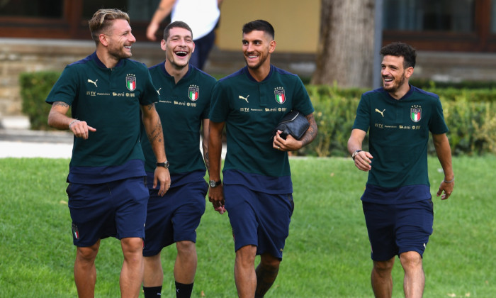 Ciro Immobile, Andrea Belotti, Lorenzo Pellegrini și Alessandro Florenzi, la o acțiune a naționalei Italiei / Foto: Getty Images