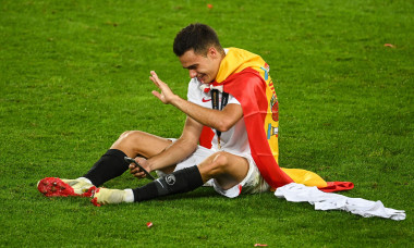 Cologne, Germany. 21st Aug, 2020. Football: Europa League, FC Sevilla - Inter Milan, Final-Eight, Final at the RheinEnergieStadion. Sevilla's Sergio Reguilon sits on the grass after the victory and greets someone via his smartphone. Credit: Federico Gamba