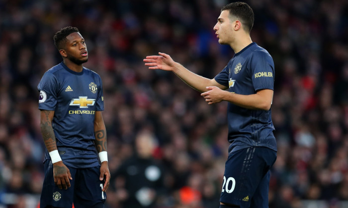 Diogo Dalot, alături de Fred într-un meci Arsenal - Manchester United / Foto: Getty Images