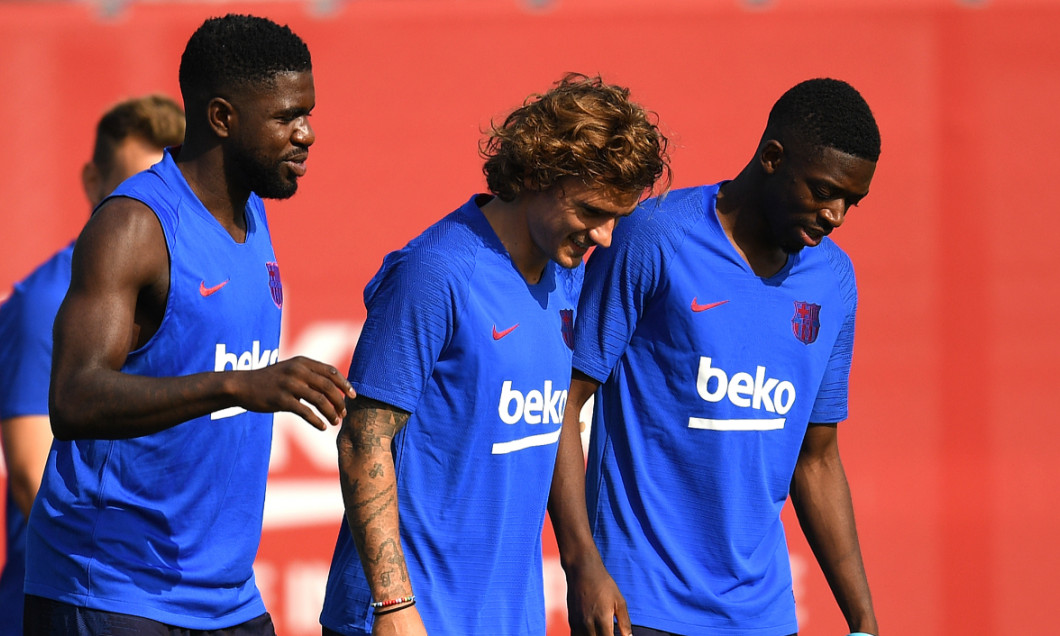 Samuel Umtiti, Antoine Griezmann și Ousmane Dembele, la un antrenament de la Barcelona / Foto: Getty Images