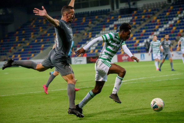 RIGA, LATVIA. 24th September 2020. Roger Jr. (L) vies with Jeremie Frimpong (R), during Team RIGA FC vs. CELTIC. UEFA Europa League Third Qualifying Round game. Credit: Gints Ivuskans/Alamy Live News