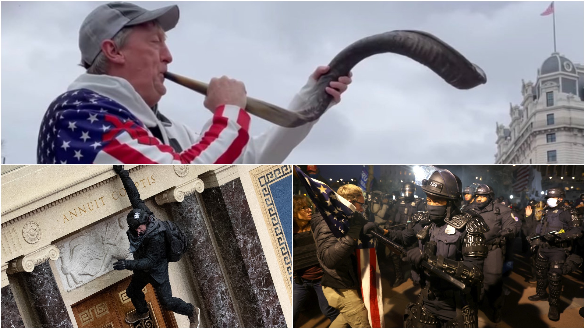 Cine este uriaşul de 2,06 metri de la protestele pro-Trump care suflă într-un corn uriaș