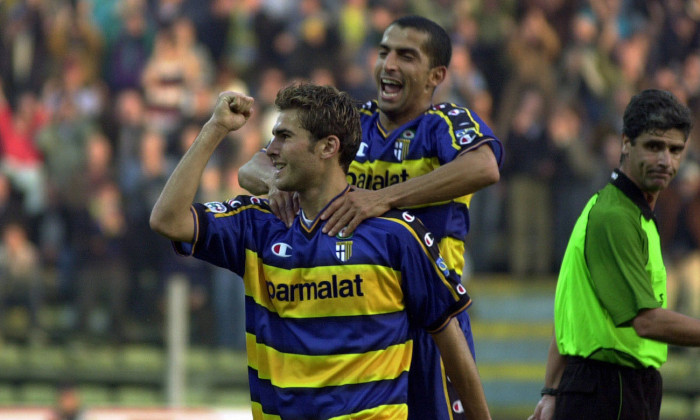 Adrian Mutu of Parma celebrates scoring