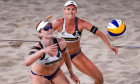 Hamburg, Germany. 29th June, 2019. Beach Volleyball, World Championship, in Rothenbaum Stadium: Preliminary round Women, Borger/Sude (Germany) - Xue/Wang (China). Karla Borger and Julia Sude (l) in action on the Center Court. Credit: Christian Charisius/d