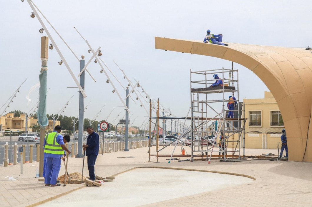 Doha, Qatar. 11th Apr, 2019. Workers at the Doha Metro rapid transit system in Sport City adjacent to Al Khalifa International Stadium currently under construction which is scheduled to become operational by mid-2019 before the opening of the World Cup in