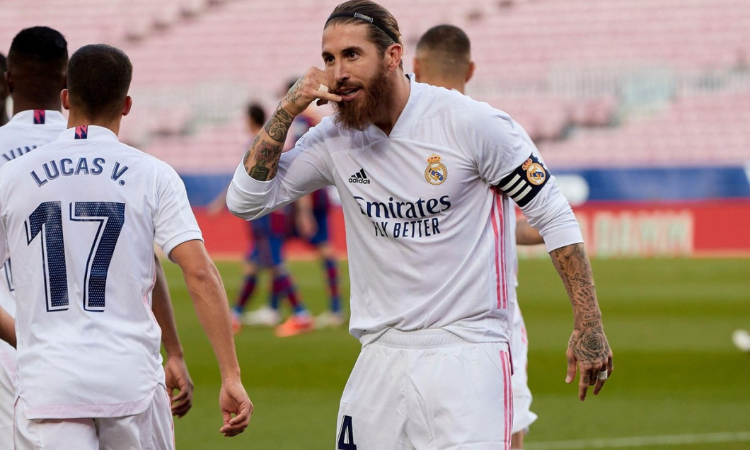 Barcelona, Spain. 24th Oct, 2020. Sergio Ramos of Real Madrid celebrate a goal during the Liga match between FC Barcelona and Real Madrid at Camp Nou on October, 24 2020 in Barcelona, Spain. Credit: Dax Images/Alamy Live News