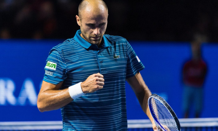 St. Jakobshalle, Basel, Switzerland. 22nd Oct, 2019. ATP World Tour Tennis, Swiss Indoors; Marius Copil (ROU) motivates himself against Roberto Bautista-Agut (ESP) - Editorial Use Credit: Action Plus Sports/Alamy Live News