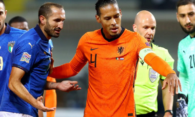 BERGAMO, ITALY - OCTOBER 14: Giorgio Chiellini of Italy, Virgil van Dijk of The Netherlands during the UEFA Nations League match between Italy and The
