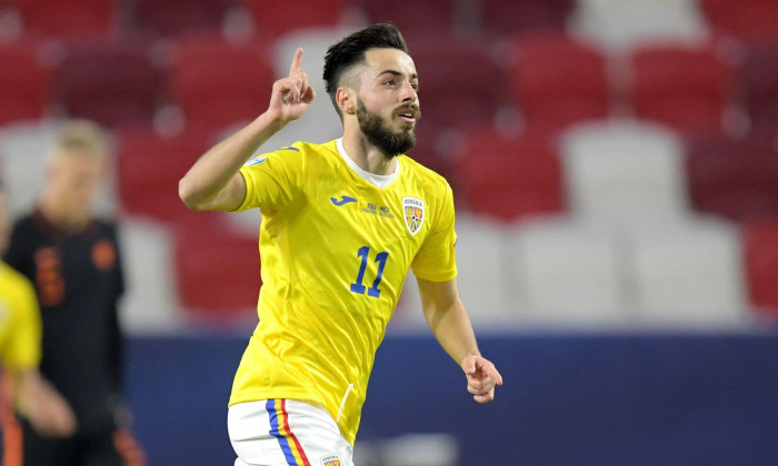 BOEDAPEST, HUNGARY - MARCH 24: celebrate Andrei Ciobanu of Romania U21 during the UEFA Under 21 Euro Championship Group Stage match between Netherlands U21 and Romania U21 at Bozsik Stadium on March 24, 2021 in Boedapest, Hungary (Photo by Gerrit van Keul