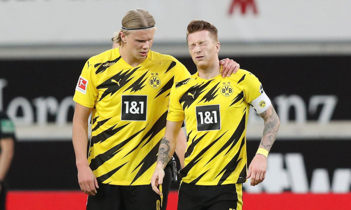 City Of Stuttgart, Deutschland. 10th Apr, 2021. firo: 04/10/2021 Fuvuball, Soccer 1. Bundesliga, Season 2020/2021 VfB Stuttgart - BVB Borussia Dortmund 2: 3 BVB Marco Reus, gesture, gesture, BVB Erling Hv  land, Haland, Haaland, | usage worldwide Credit: