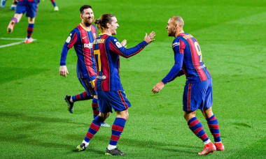 BARCELONA, SPAIN - MARCH 3: Martin Braithwaite of FC Barcelona celebrates his goal with Lionel Messi of FC Barcelona and Antoine Griezmann of FC Barcelona during the Copa del Rey match between Barcelona and Sevilla at Camp Nou on March 3, 2021 in Barcelon