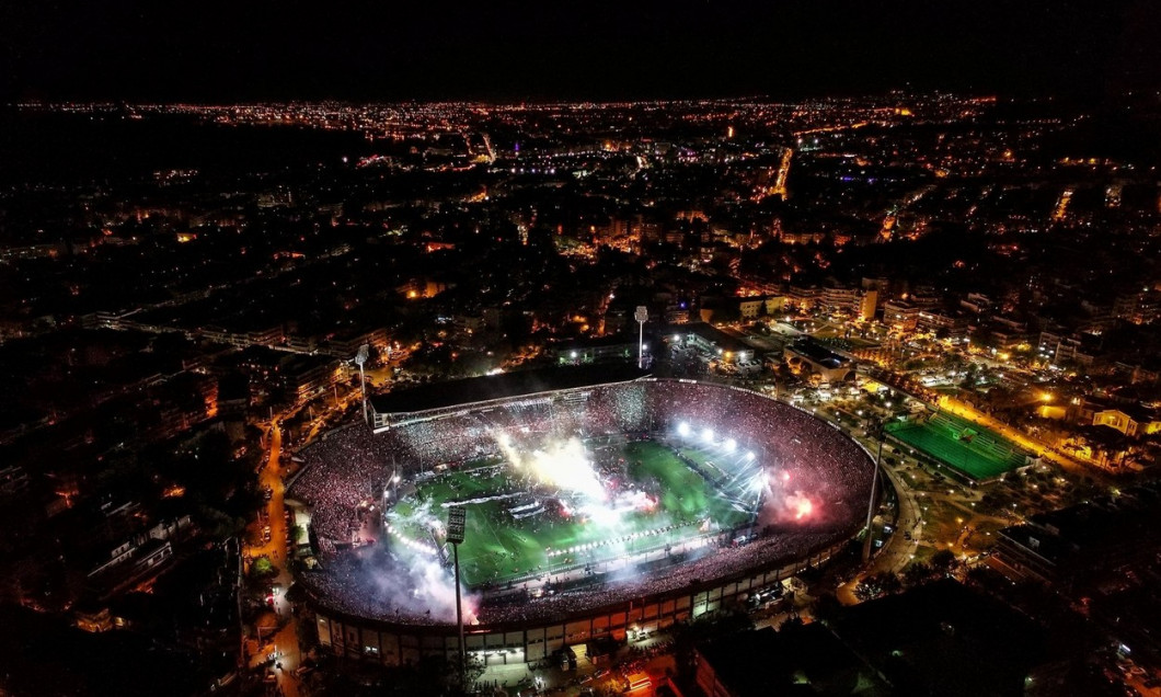 Thessaloniki, Greece, April 21, 2019: Aerial shoot of the Toumba Stadium full of fans of PAOK celebrating the winning of the Greek Super League champi