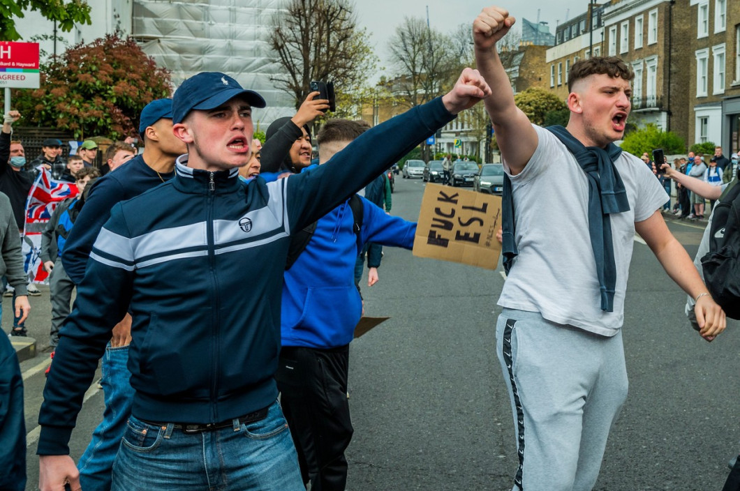 Chelsea fans gather outside the Football Club to protest them joining the planned European Super League., Stamford Bridge, London, UK - 20 Apr 2021