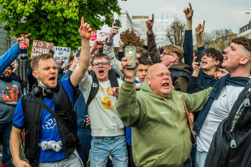 Chelsea fans gather outside the Football Club to protest them joining the planned European Super League., Stamford Bridge, London, UK - 20 Apr 2021