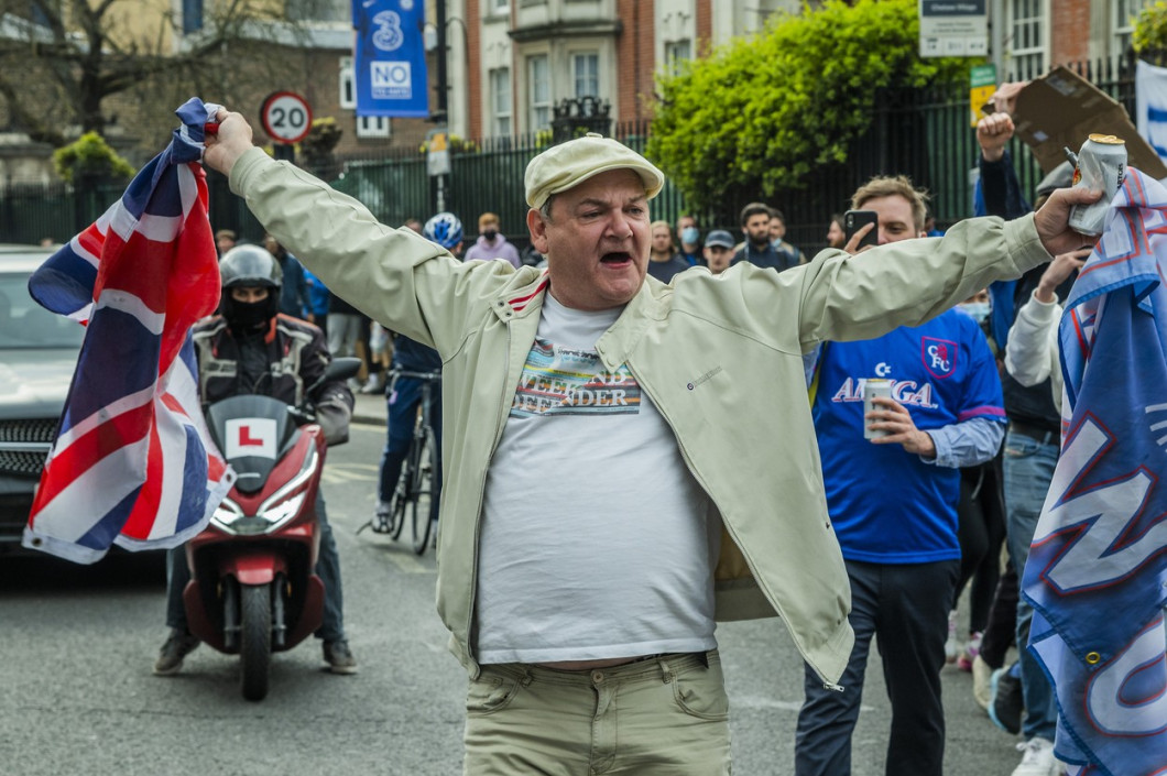 Chelsea fans gather outside the Football Club to protest them joining the planned European Super League., Stamford Bridge, London, UK - 20 Apr 2021