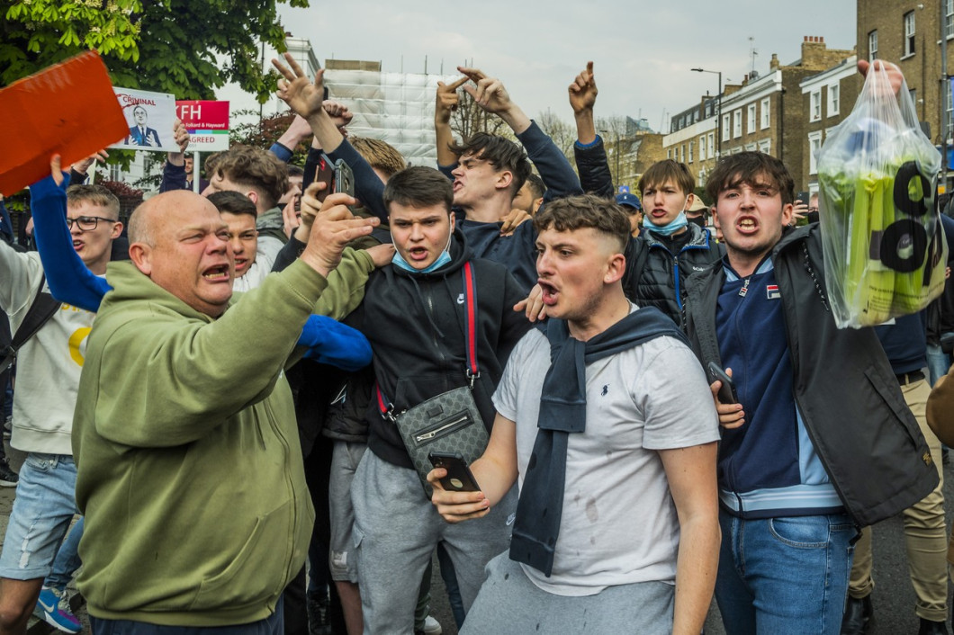 Chelsea fans gather outside the Football Club to protest them joining the planned European Super League., Stamford Bridge, London, UK - 20 Apr 2021