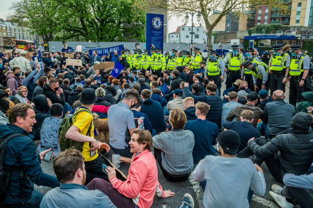 Chelsea fans gather outside the Football Club to protest them joining the planned European Super League., Stamford Bridge, London, UK - 20 Apr 2021