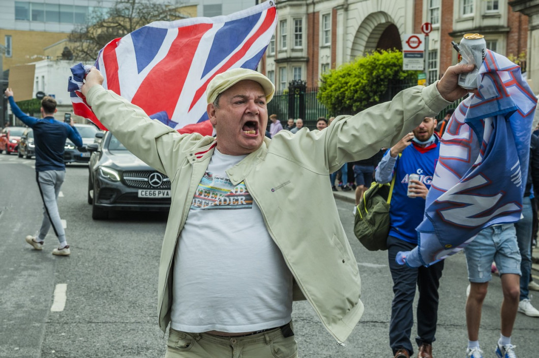 Chelsea fans gather outside the Football Club to protest them joining the planned European Super League., Stamford Bridge, London, UK - 20 Apr 2021