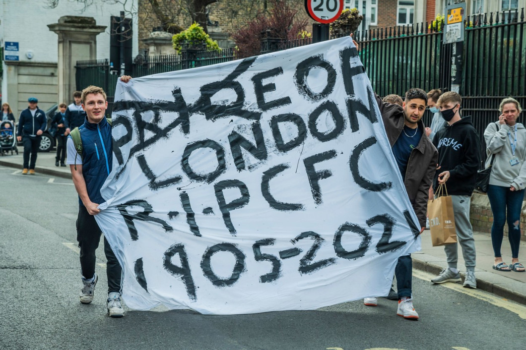 Chelsea fans gather outside the Football Club to protest them joining the planned European Super League., Stamford Bridge, London, UK - 20 Apr 2021