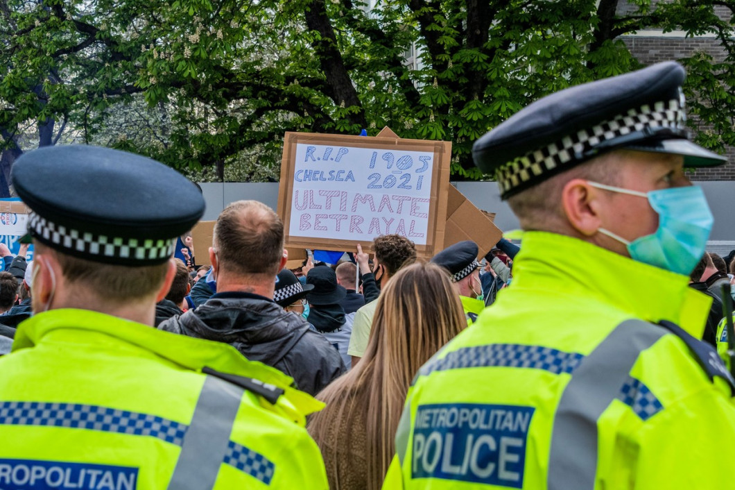 Chelsea fans gather outside the Football Club to protest them joining the planned European Super League., Stamford Bridge, London, UK - 20 Apr 2021