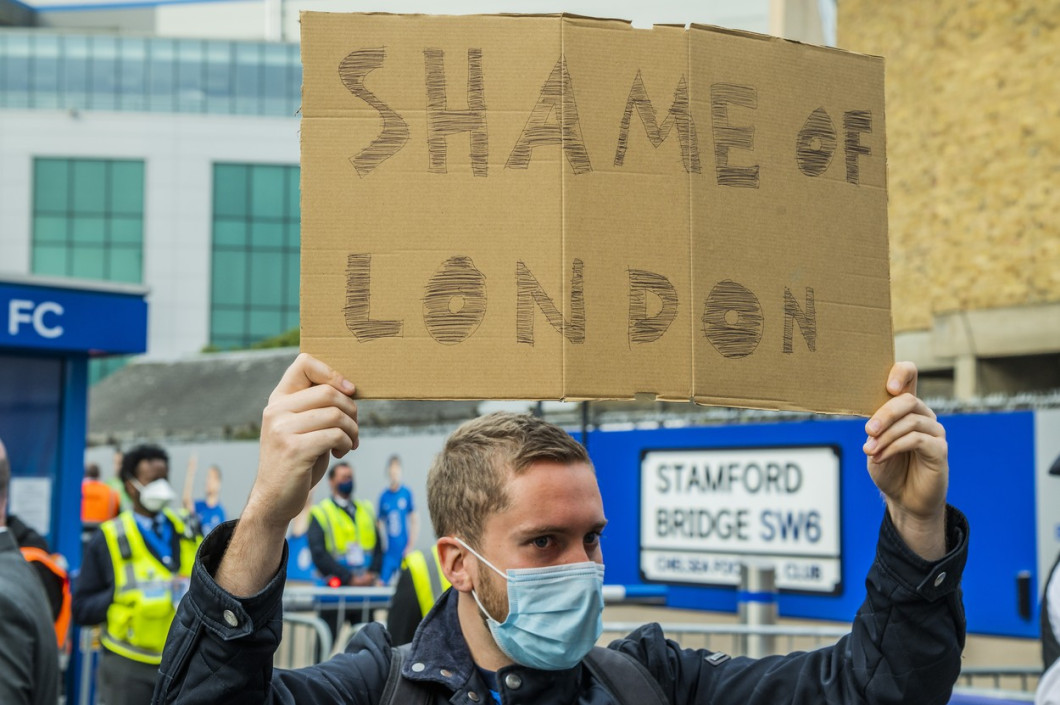 Chelsea fans gather outside the Football Club to protest them joining the planned European Super League., Stamford Bridge, London, UK - 20 Apr 2021