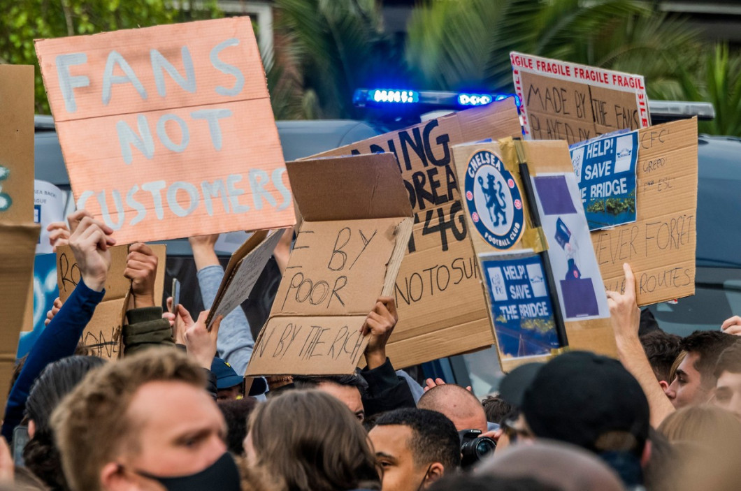 Chelsea fans gather outside the Football Club to protest them joining the planned European Super League., Stamford Bridge, London, UK - 20 Apr 2021