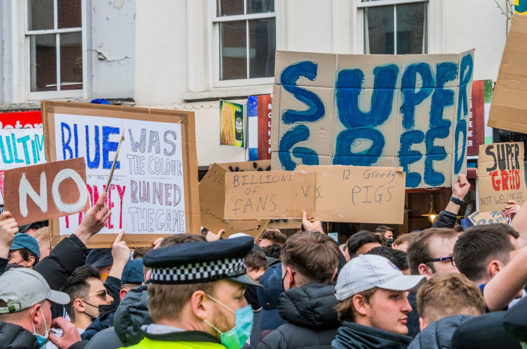 Chelsea fans gather outside the Football Club to protest them joining the planned European Super League., Stamford Bridge, London, UK - 20 Apr 2021